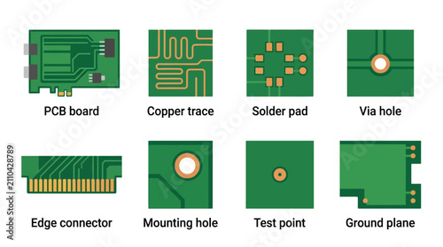 Electronic Circuit Board Components: PCB, Copper Trace, Solder Pad, Via Hole, Connector