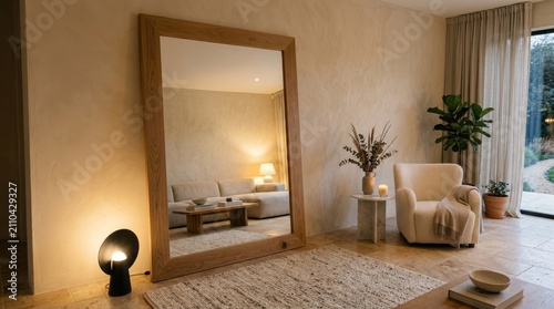 A large, rectangular wooden mirror with a natural finish, placed in a spacious living room with a beige wall and floor, featuring a white sofa, armchair, and potted plant. 