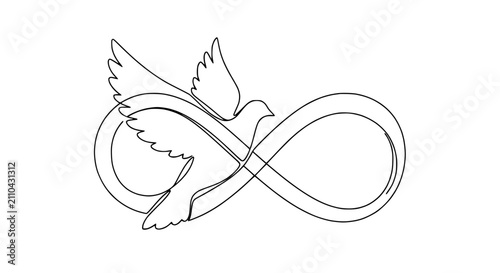 фотографія Dove Flying Through Infinity Symbol, Continuous Line Art, Peace and Eternity Con