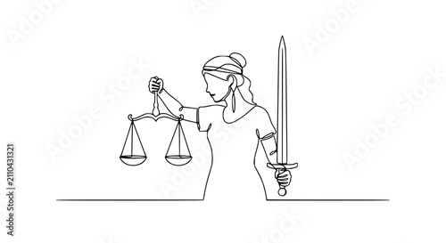 Lady Justice Continuous Line Drawing with Scales and Sword