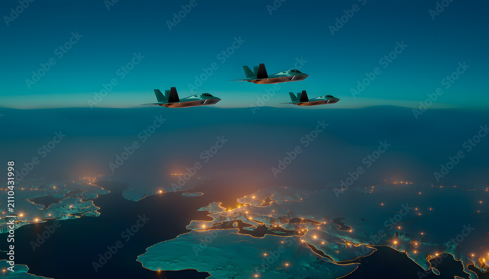 Naklejka premium A squadron of three advanced stealth fighter jets flying in formation high above a glowing map of Europe at night, showcasing modern military aviation technology and global defense concepts.