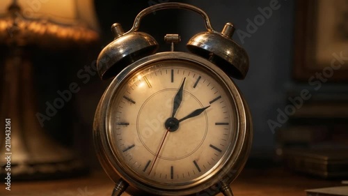Vintage Twin Bell Alarm Clock Sitting on Wooden Table at Night. 4K Video