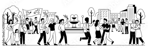 A diverse group of people socializing and walking together in a public park setting.