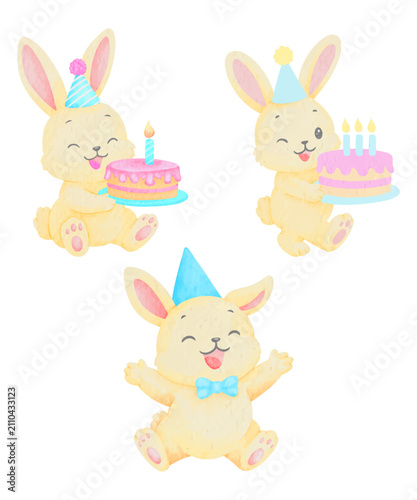 Cute Birthday Bunny Icon Set Bundle Sticker Illustration
