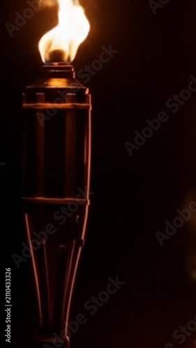 Bright burning campfire flames and metal torch glowing in the dark night
