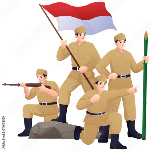 Illustration of independence heroes gathering with the Indonesian flag for patriotic unity and freedom struggle content.