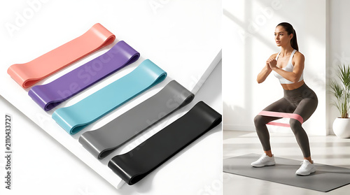 Set of colorful resistance bands and a woman performing squats with a band.