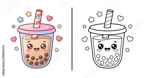 Cute kawaii boba bubble tea kids coloring worksheet vector