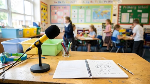 School podcast studio with a microphone sits on a school desk with students working in the background.