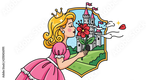 Fairytale Princess with Red Flower and Castle Scene
