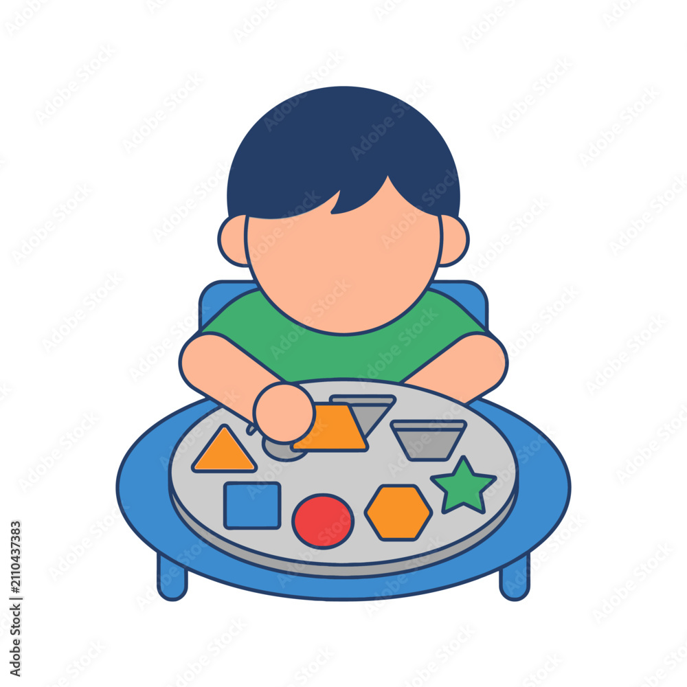 Fototapeta premium Little boy playing with colorful geometric shape matching toy puzzle