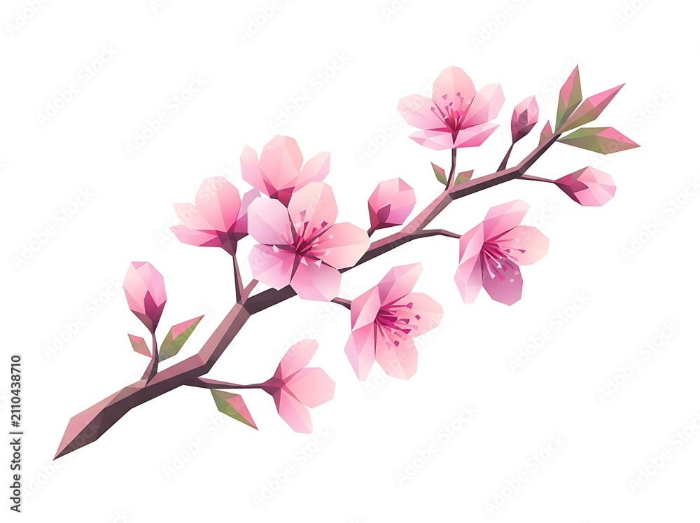 Obraz premium Pink cherry blossom branch with buds and leaves