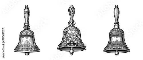 Cuadro en lienzo Three ornate antique handbells in vintage illustration style