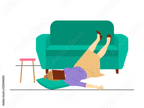 Quadro su tela An exhausted woman lying awkwardly on the floor with their legs resting against a green couch