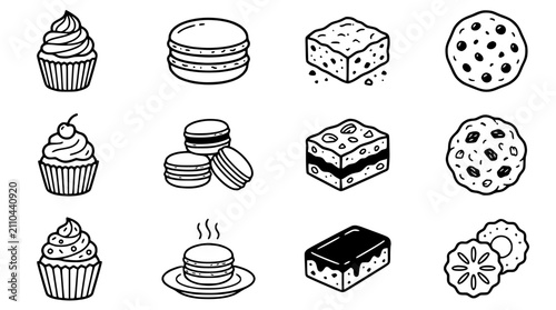 Canvastavla Hand-Drawn Dessert Icons: Cupcakes, Macarons, Brownies, Cookies, Pancakes, and P