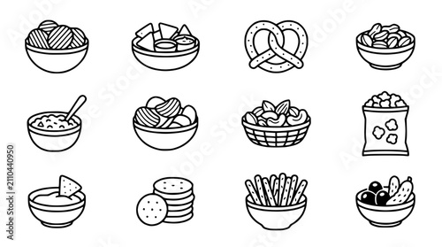 Принти на полотні Assorted Snack Icons: Chips, Pretzels, Nuts, Cookies, Dip, and More - Hand Drawn