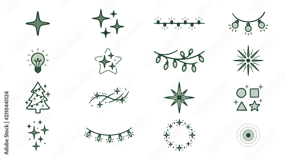 Fototapeta premium Modern Minimalist Holiday and Festive Icons Set Green and White Star Tree Light Bulb Garland and Sparkle Designs