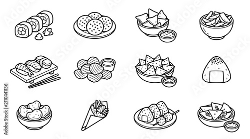 Foto Japanese Food Icons Set: Sushi, Onigiri, Snacks, and Appetizers - Black and Whit