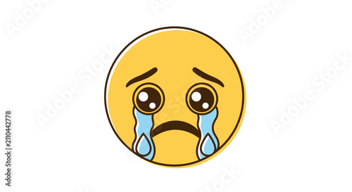 Canvas-taulu A cartoonish yellow emoji with large, tear-filled eyes and blue tears streaming down its face, depicting sadness and distress