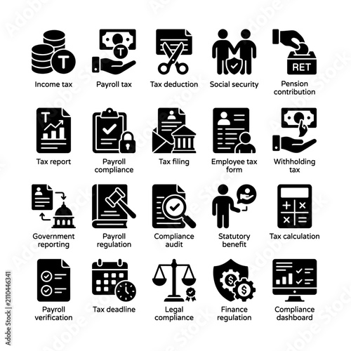 Collection of finance and tax related icons on a white background.