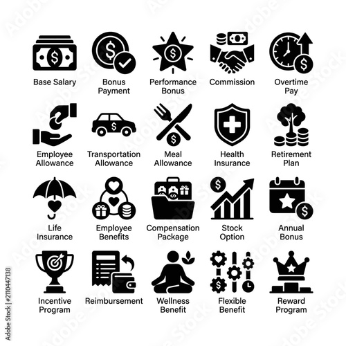 Employee Compensation and Benefits Icons Set.