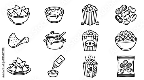 Obraz na płótnie Hand-drawn snack icons: Nachos, popcorn, peanuts, dips, chips, cheese sauce
