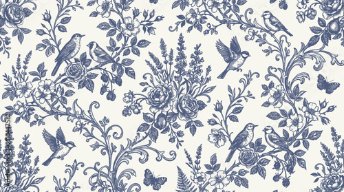 Photography Vintage blue toile de Jouy seamless pattern with birds and flowers