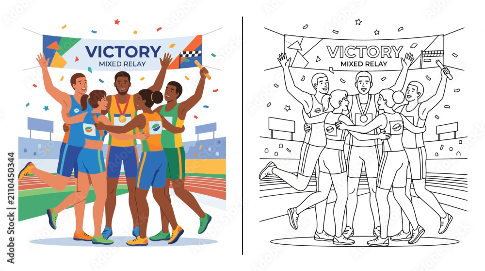 Obraz premium Diverse Running Team Celebrates Mixed Relay Victory with Confetti and Cheers