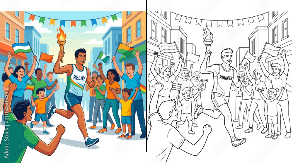 Obraz premium Runner with torch in street race, crowd cheering, festive atmosphere, illustration