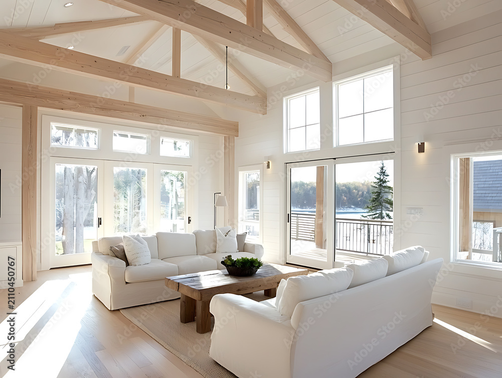 Fototapeta premium Spacious modern living room with vaulted ceilings and large windows overlooking a lake