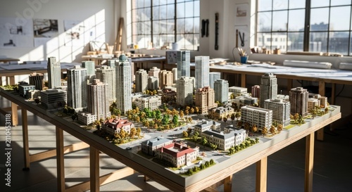 Detailed Architectural Model of a Modern Cityscape with Skyscrapers and Green Spaces.