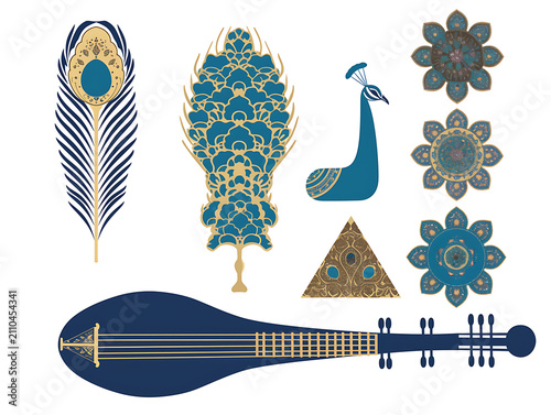 Intricate Indian mandala peacock and veena musical instrument vector asset pack on pure white background for element extraction in cultural festival UI design and ethnic pattern layouts