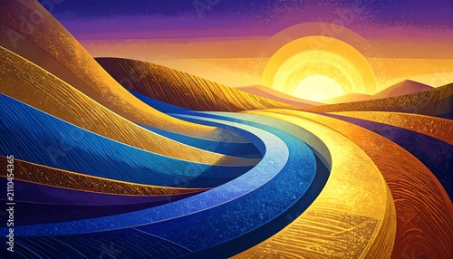 Vibrant Sunset Landscape with Winding River and Colorful Hills