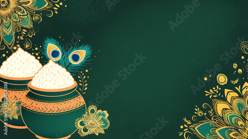 High-quality dark green Janmashtami background with butter pots and peacock feathers on the left paired with intricate golden floral patterns and vast right copy space layout