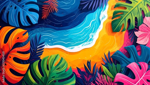 Vibrant Tropical Beach Scene with Colorful Foliage and Ocean