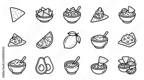 Bild auf Leinwand Mexican Food Icons: Nachos, Guacamole, Avocado, Lime, Chips Set