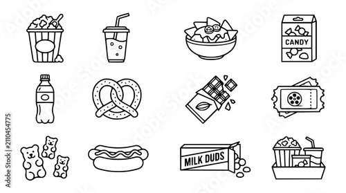Fotografie Movie Night Snacks Icons: Popcorn, Soda, Candy, Hot Dog, Pretzels, Nachos, Gummy