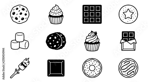 Hand-drawn dessert icons: cookies, cupcakes, waffles, marshmallows, donuts, chocolate bar