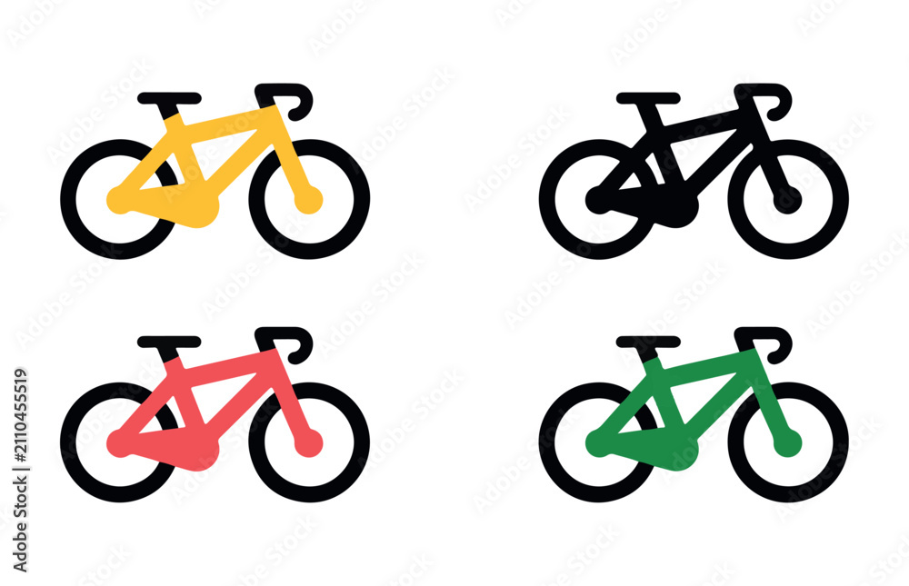Fototapeta premium Set of four simple bicycle icons in yellow, black, red, and green colors, vector illustration for cycling themes.