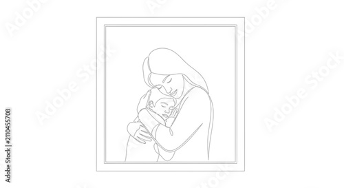 Mother Embracing Sleeping Baby, Minimalist Line Art Illustration
