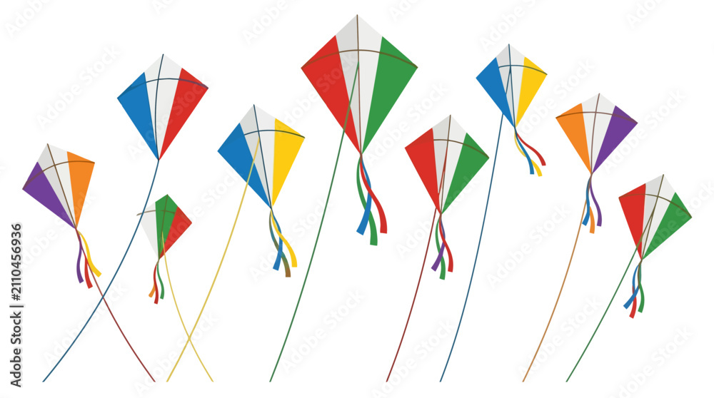 Fototapeta premium Group of colorful kites with national flag patterns flying high
