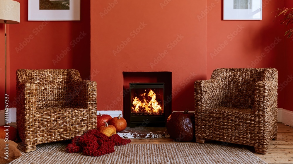 Obraz premium Cozy autumn living room featuring a warm fireplace and wicker armchairs against a papaya orange wall for seasonal interior styling and home decor