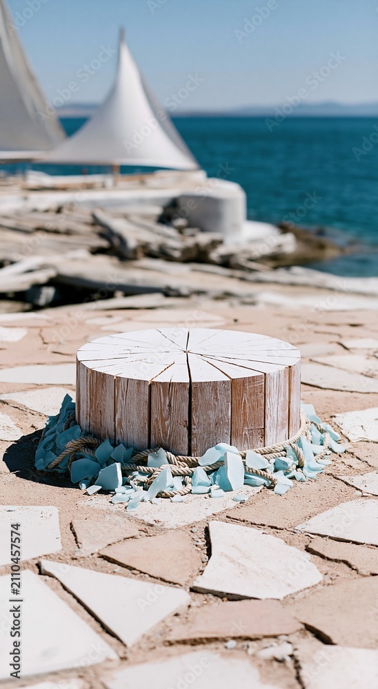 Fototapeta premium Wooden plank podium with nautical rope and sea glass on a stone jetty for coastal product display, featuring a weathered texture and bright ocean light