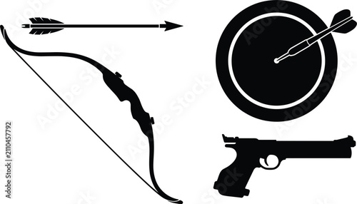 Photos Target shooting sports gear black silhouette icon set featuring archery bow long