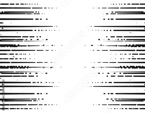 Abstract black horizontal lines of varying lengths and fragmentation against white background. Composition symmetrical. Graphic design element