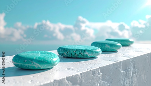 Polished Turquoise Stones Resting White Surface Under Sunny Sky