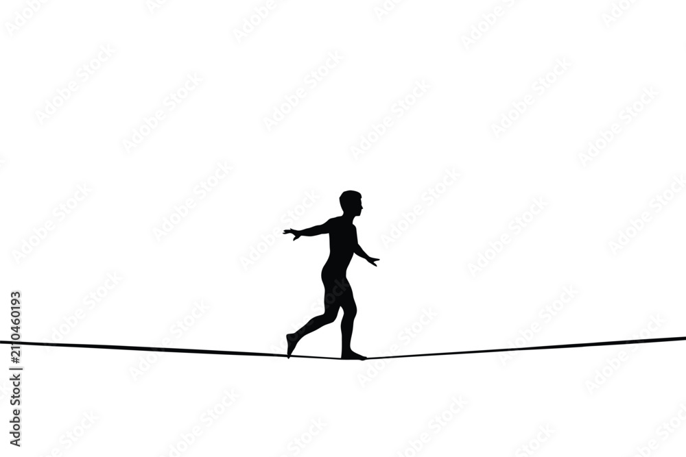 Fototapeta premium Tightrope Walker Silhouette Against White Background rope