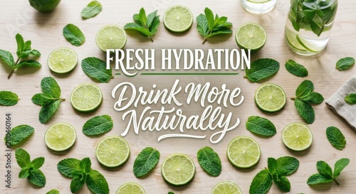 Fresh Lime Slices and Mint Leaves Arranged with Text About Hydration