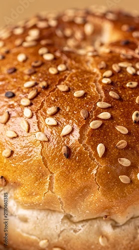 Sesame seed hamburger bun being sliced with a knife in warm studio lighting