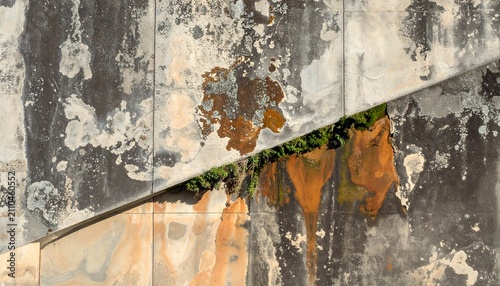 Weathered Industrial Wall with Moss and Rust Details
